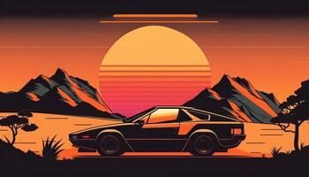 generativ ai, retro bil i retro stil, nostalgisk 80-tal, 90-tal. natt stad landskap, solnedgång färger, scifi, retrowave årgång illustration. Sol, byggnader och fåglar. transport, bil begrepp. foto