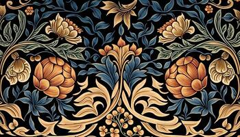 generativ ai, blommig färgrik mönster. william morris inspirerad naturlig växter och blommor bakgrund, årgång illustration. lövverk prydnad. foto