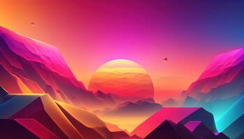 generativ ai, skön landskap med Sol och berg, i trendig 80s 90s färger, horisontell tapet. abstrakt lutning bakgrund foto