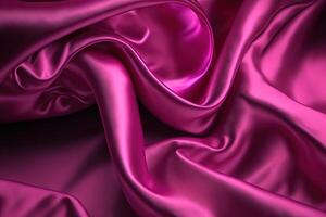 generativ ai, strömmande satin tyg textur i magenta Färg. glansig silke baner, sammet material, 3d effekt, modern makro fotorealistisk abstrakt bakgrund illustration. foto