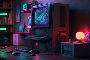 generativ ai, dator på de tabell i cyberpunk stil, nostalgisk 80-tal, 90-tal. neon natt lampor vibrerande färger, fotorealistisk horisontell illustration av de trogen interiör. teknologi begrepp. foto