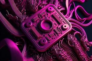 generativ ai, chip och tråd, trogen mekanism i magenta Färg, elektronik mode stil. glansig rosa baner, 3d effekt, modern makro fotorealistisk abstrakt bakgrund illustration. foto