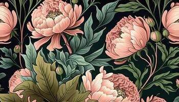 generativ ai, blommig färgrik mönster. william morris inspirerad naturlig växter och rosa pion blommor bakgrund, årgång illustration. lövverk prydnad. foto