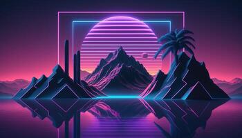 generativ ai, retro stil, nostalgisk 80-tal, 90-tal. natt landskap, solnedgång färger, scifi, retrowave årgång illustration. Sol, berg, väg och träd. digital retro cyber yta. foto