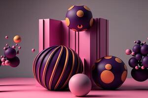 generativ ai, fyra stor sfärer och liten pärlor, bollar i magenta Färg. glansig rosa vätska baner, 3d scen effekt, modern makro fotorealistisk abstrakt bakgrund illustration. foto