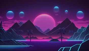 generativ ai, retro stil, nostalgisk 80-tal, 90-tal. natt landskap, solnedgång färger, scifi, retrowave årgång illustration. Sol, berg, väg och träd. digital retro cyber yta. foto