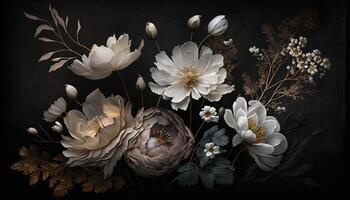 generativ ai, stänga upp av blomning rabatter av Fantastisk vit och gyllene blommor på mörk lynnig blommig texturerad bakgrund. fotorealistisk effekt. foto