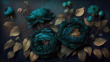 generativ ai, stänga upp av blomning rabatter av Fantastisk kricka blommor på mörk lynnig blommig texturerad bakgrund. fotorealistisk effekt. foto