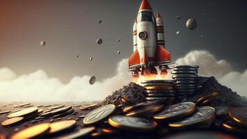 raket sjösättning från de jord med mynt. generativ ai foto