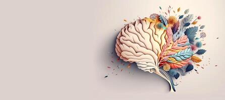 baner för mental hälsa begrepp. illustration design av mänsklig hjärna tillverkad av blommor. generativ ai. foto