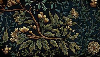 generativ ai, blommig färgrik mönster. william morris inspirerad naturlig växter och blommor bakgrund, årgång illustration. lövverk prydnad. foto