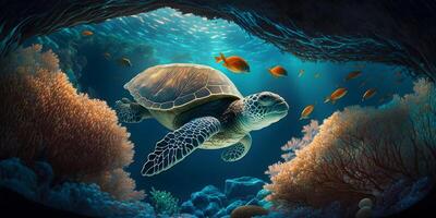 sköldpadda paradis, simning bland korall rev . ai genererad foto