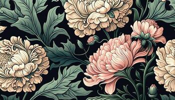 generativ ai, blommig färgrik mönster. william morris inspirerad naturlig växter och rosa pion blommor bakgrund, årgång illustration. lövverk prydnad. foto