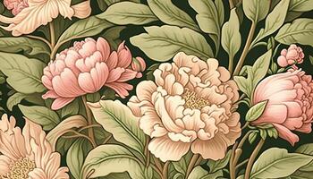 generativ ai, blommig färgrik mönster. william morris inspirerad naturlig växter och rosa pion blommor bakgrund, årgång illustration. lövverk prydnad. foto