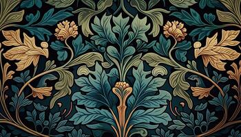 generativ ai, blommig färgrik mönster. william morris inspirerad naturlig växter och blommor bakgrund, årgång illustration. lövverk prydnad. foto