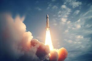 raket lansera från kosmodrom. bekämpa av Plats raket i blå himmel. Plats uppdrag. Plats shuttle ta av. skapas med generativ ai foto