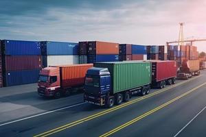 transport och logistisk importera exportera och transport industri av lastbil behållare frakt fartyg foto