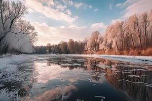 frysta is sjö i vinter- i en parkera i de skog i solig väder en panorama- se med en blå himmel foto