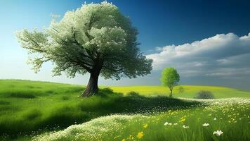 landskap med grön gräs och blå himmel, generativ ai. foto