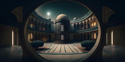 magnifik moské upplyst förbi månsken under full måne, ai genererad foto