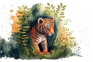 söt tiger Valp stående och dölja i en ihålig av en träd i de skog. vattenfärg målning av söt tiger ungar vild djur. ai genererad foto