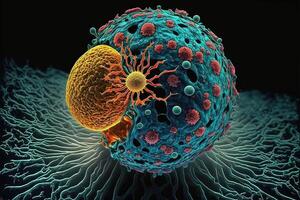 cancer cell attackera annan cell lysande i de mörk abstrakt bakgrund. ai genererad foto