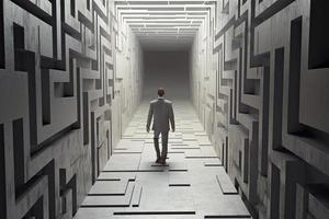 affärsman gående i labyrint cement vägg till Framgång sätt och upptäckt lösning foto