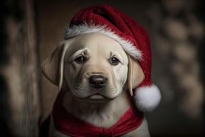 ai genererad förtjusande labrador retriever valp klädd i en santa klausul täcka och röd santa hatt. fira jul med söt hund. foto