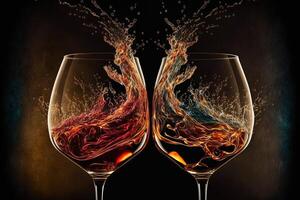 ai genererad vin glasögon skålar, vin varelse hällde in i en glas, vin stänk ut av de glasögon. foto