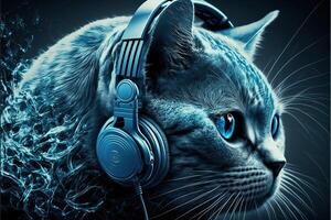katt bär hörlurar. neon blå tona. ai genererad foto