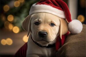 ai genererad förtjusande labrador retriever valp klädd i en santa klausul täcka och röd santa hatt. fira jul med söt hund. foto