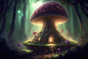 ai genererad fantasi svamp hus tapet i de skog. foto