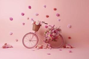 blommor flyga ut från rosa cykel korg på rosa bakgrund. romanitisk begrepp för valentine dag foto