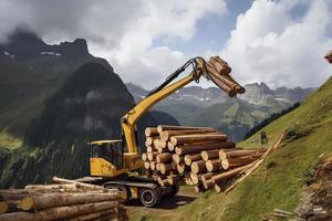 kran läser in skära träd trunkar på stack på berg foto