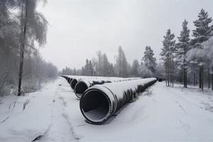 enorm industriell rörledningar av central uppvärmning systemet. snö på rör foto