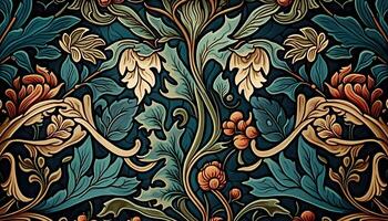 generativ ai, blommig färgrik mönster. william morris inspirerad naturlig växter och blommor bakgrund, årgång illustration. lövverk prydnad. foto