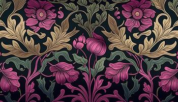 generativ ai, blommig mönster. william morris inspirerad naturlig växter och viva magenta blommor bakgrund, årgång illustration. lövverk prydnad. foto