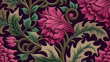 generativ ai, blommig mönster. william morris inspirerad naturlig växter och viva magenta blommor bakgrund, årgång illustration. lövverk prydnad. foto