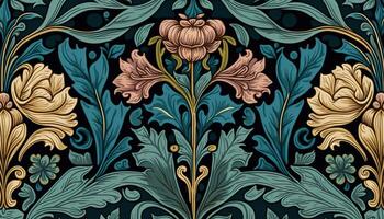 generativ ai, blommig färgrik mönster. william morris inspirerad naturlig växter och blommor bakgrund, årgång illustration. lövverk prydnad. foto