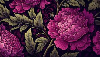 generativ ai, blommig mönster. william morris inspirerad naturlig växter och viva magenta pion blommor bakgrund, årgång illustration. lövverk prydnad. foto