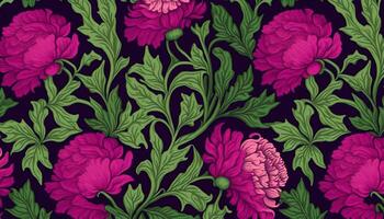 generativ ai, blommig mönster. william morris inspirerad naturlig växter och viva magenta pion blommor bakgrund, årgång illustration. lövverk prydnad. foto