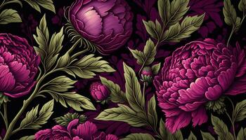 generativ ai, blommig mönster. william morris inspirerad naturlig växter och viva magenta pion blommor bakgrund, årgång illustration. lövverk prydnad. foto