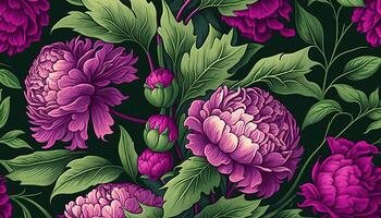 generativ ai, blommig mönster. william morris inspirerad naturlig växter och viva magenta pion blommor bakgrund, årgång illustration. lövverk prydnad. foto