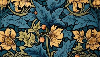 generativ ai, blommig gul, blå, grön färger mönster. william morris inspirerad naturlig växter och blommor bakgrund, årgång illustration. lövverk prydnad. foto