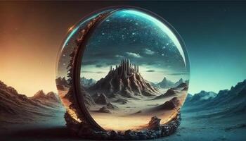 generativ ai, utomjording planet, kristall boll med landskap, berg, stjärnor och växter. foto
