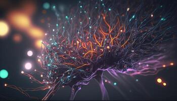 generativ ai, konceptuell illustration av nervcell celler med lysande länk knop i abstrakt mörk Plats, hög upplösning. mänsklig nervös systemet foto