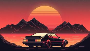 generativ ai, retro bil i retro stil, nostalgisk 80-tal, 90-tal. natt stad landskap, solnedgång färger, scifi, retrowave årgång illustration. Sol, byggnader och fåglar. transport, bil begrepp. foto