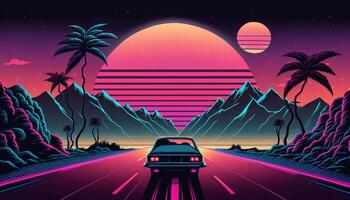 generativ ai, retro bil i retro stil, nostalgisk 80-tal, 90-tal. natt stad landskap, solnedgång färger, scifi, retrowave årgång illustration. Sol, byggnader och fåglar. transport, bil begrepp. foto