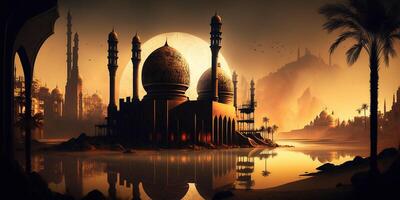 skön moské arkitektur på maghrib under ramadan, generativ ai foto