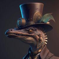 dinosaurie bär en hatt och klädd i en steampunk utrusta. steampunk. generativ ai foto